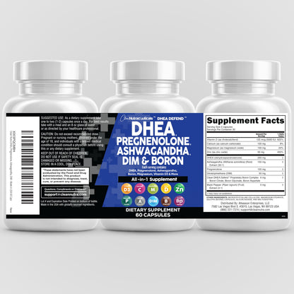 DHEA 200mg & Pregnenolone 100mg Supplement for Men & Women – DIM, Ashwagandha, Boron 6mg, Calcium Magnesium Zinc, Vitamin D3 5000 IU | Made in USA 60 Ct