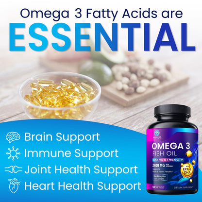 Omega 3 Fish Oil 2400 mg – Triple Strength, Sustainably Sourced | Nature's Peak | 120 Softgels