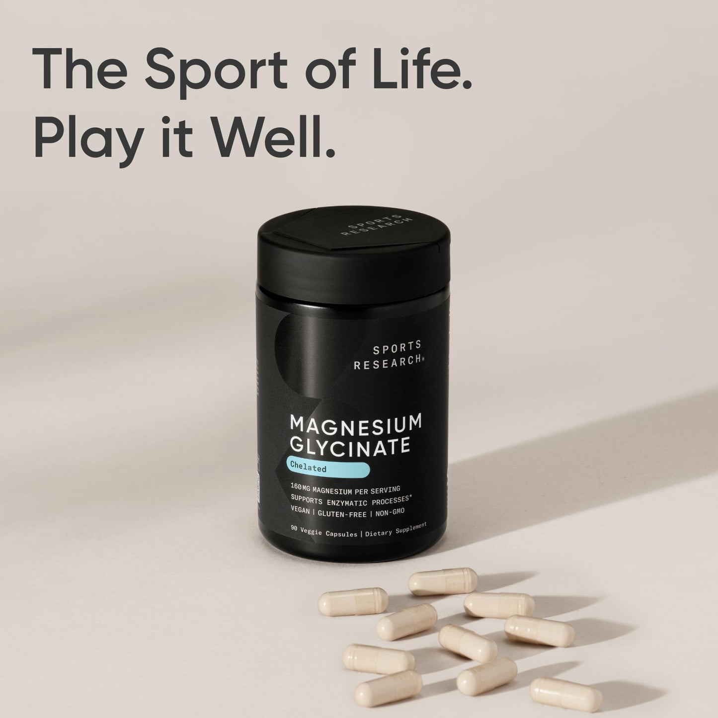 Sports Research Magnesium Glycinate 160 mg | Chelated, Vegan Capsule – 90 Count