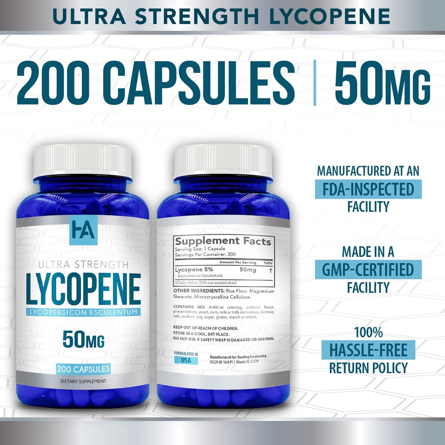 Naturally Derived Lycopene Supplement | Tomato-Based 50mg | Heart & Prostate Support | Vegan Non-GMO & Made in USA | 200 Veggie Capsules