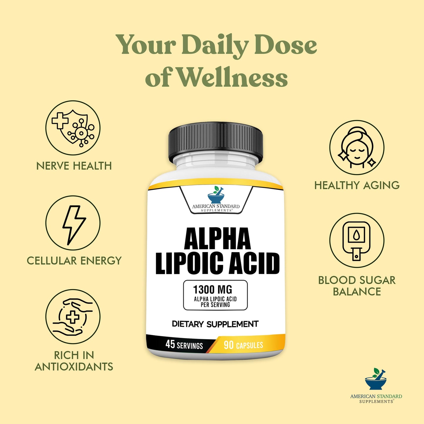 American Standard Alpha Lipoic Acid 1300mg per Serving - 90 Capsules, Pack of 2