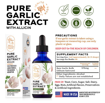 Pure Garlic Extract with Allicin Classic Formula – Immune Support, 2 oz | Vegan Friendly