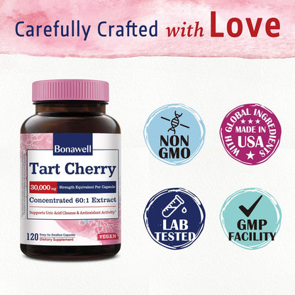 Bonawell Tart Cherry 60:1 Extract Capsules – 30,000 mg Equivalent | Montmorency Tart Cherry | 120 Caps