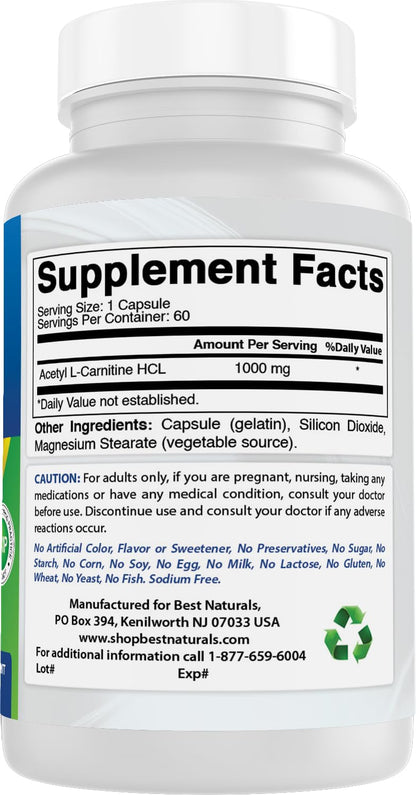 Best Naturals Acetyl L-Carnitine 1000 mg – 60 Capsules (Pack of 3)