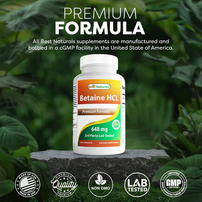 Best Naturals Betaine HCL 648 mg - 250 Capsules (Pack of 2)