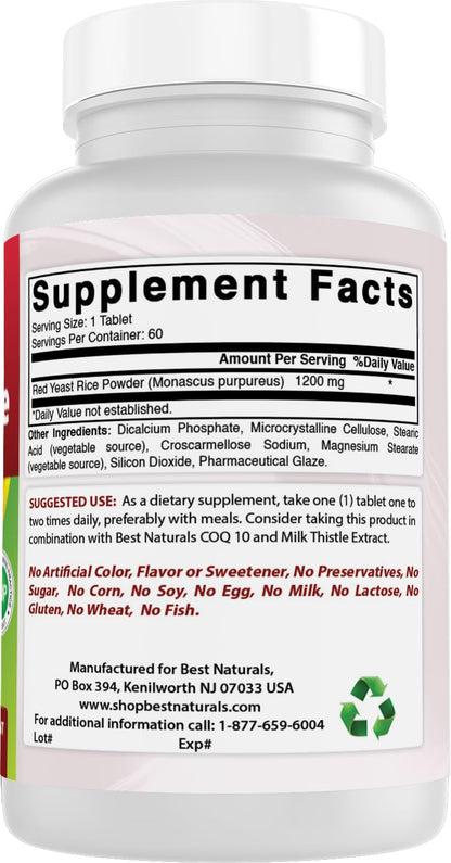 Best Naturals Red Yeast Rice 1200 mg – 60 Tablets (Citrinin Free) | Non-GMO & Gluten-Free