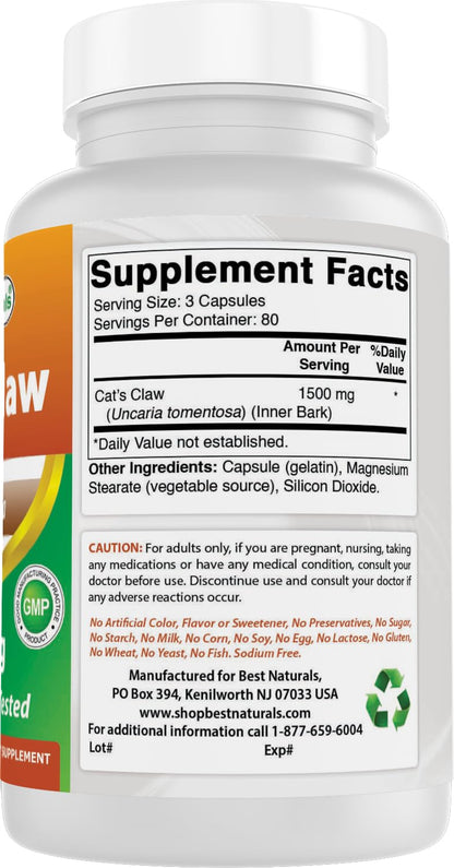 Best Naturals Cat's Claw Capsule 500 mg – 240 Count | Non-GMO, Gluten-Free
