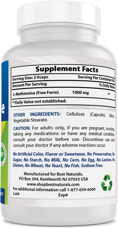 Best Naturals L-Methionine 500 mg - 120 Vegetarian Capsules | Non-GMO, Gluten-Free
