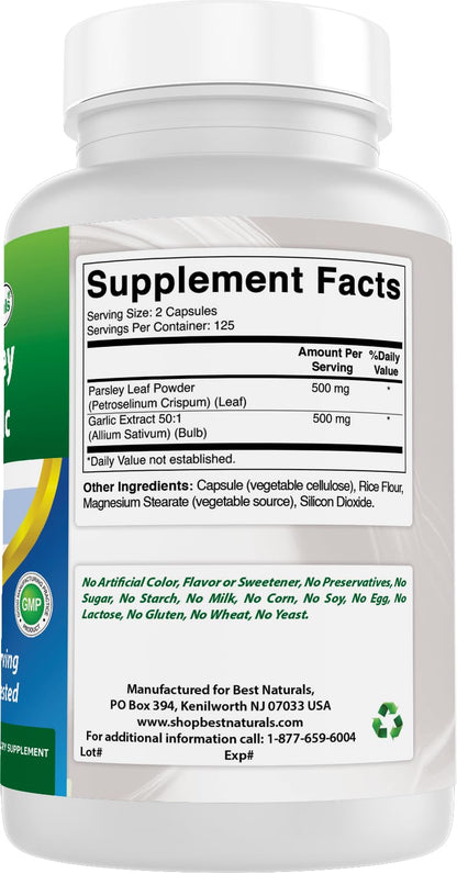 Best Naturals Parsley & Garlic 1000 mg – 250 Veg Capsules, Gluten Free, Non-GMO