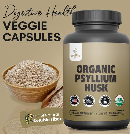 Organic Psyllium Husk Capsules 750 mg – Natural Fiber for Gut Health | Zealthy Life, 250 Capsules