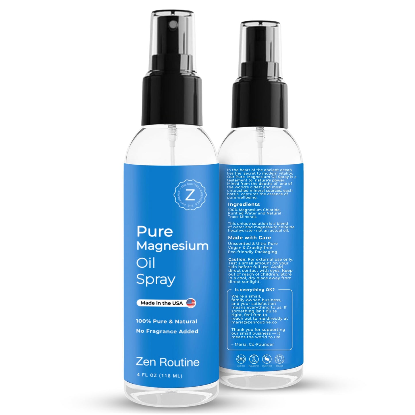 Pure Magnesium Oil Spray – 4oz (2 Pack) Organic USP Grade | Topical Magnesium for Feet, Leg Cramps & Sleep – Made in USA