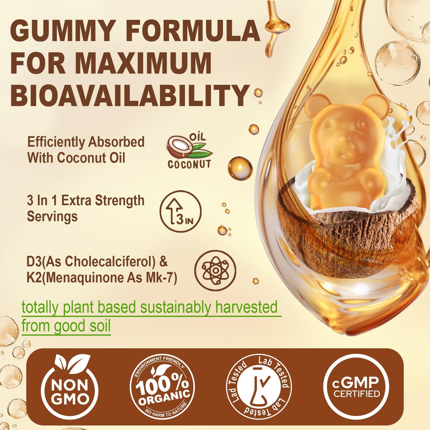 Vitamin D3 5000iu & K2 MK7 Gummies + Calcium – Vegan, High-Absorption 60 Count