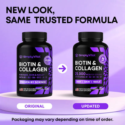 Biotin & Collagen with Keratin – 25000 mcg, Hair Skin Nails – 60 Capsules – Made in USA