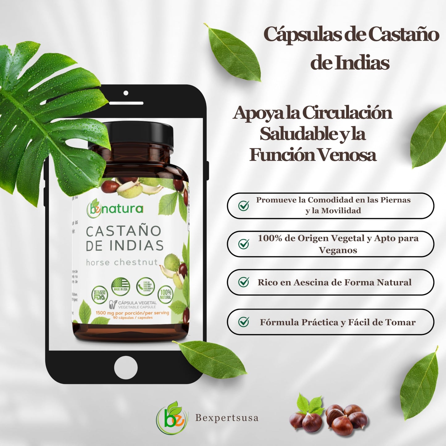 Horse Chestnut Capsules 1500 mg – 90 Veggie Caps | Vein & Circulation Support | Made in USA