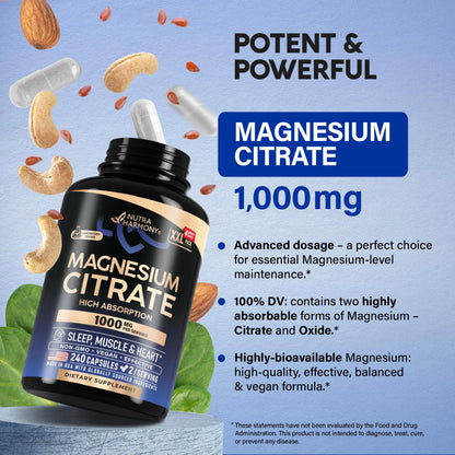 Magnesium Citrate Capsules 1000mg - High Absorption | Sleep, Muscle & Heart Support - Vegan, Non-GMO - Made in USA - 240 Capsules