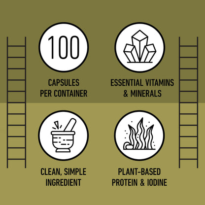Raw Sea Kelp Powder Capsules 600mg – 100 Vegetarian, Gluten-Free, Thyroid Support