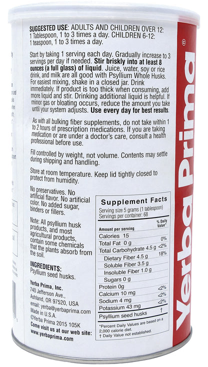 Yerba Prima Psyllium Husk, 12 Ounce - Whole Husk Fiber Supplement, Vegan, No Sugar or Artificial Sweeteners, Non GMO, Gluten Free