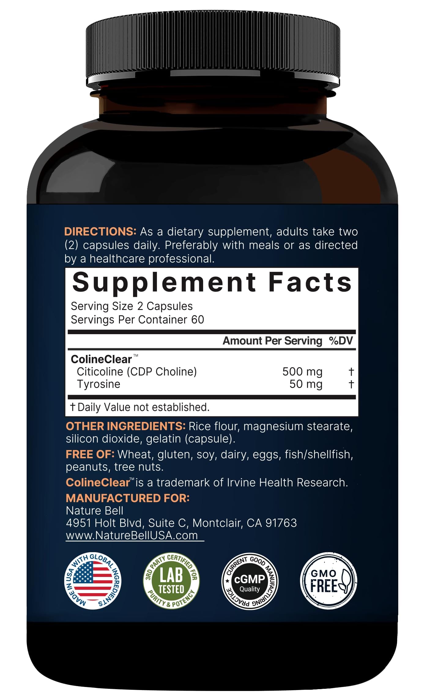 NatureBell Citicoline 500mg + Tyrosine 50mg – 120 Capsules | Dual Action Brain Support
