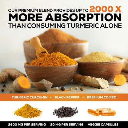 Turmeric Curcumin 2600mg with BioPerine – 95% Curcuminoids | Organic Turmeric, Vegan, Non-GMO | 60 Capsules | Made in USA