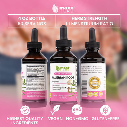 Maxx Herb Valerian Root Extract – Max Strength Liquid for Relaxation & Restful Sleep | Alcohol-Free 4 Oz