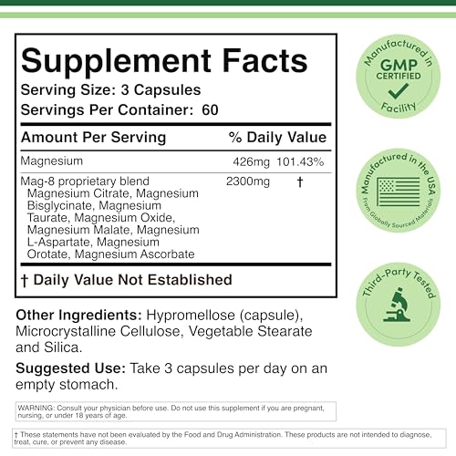 MAG-8 Magnesium Complex 180 Capsules – 426 mg Elemental Magnesium | 100% DV | Double Wood