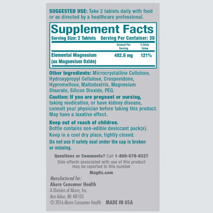 Mag-Ox 400 Magnesium Oxide – 482 mg per Dose, 120 Tablets, Pack of 2 | Pharmaceutical Grade