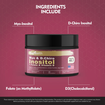 MagHealth Inositol Powder 40:1 – Myo-Inositol & D-Chiro Inositol + Folate, Vitamin D | 45-Day Supply | Menstrual & Fertility Support