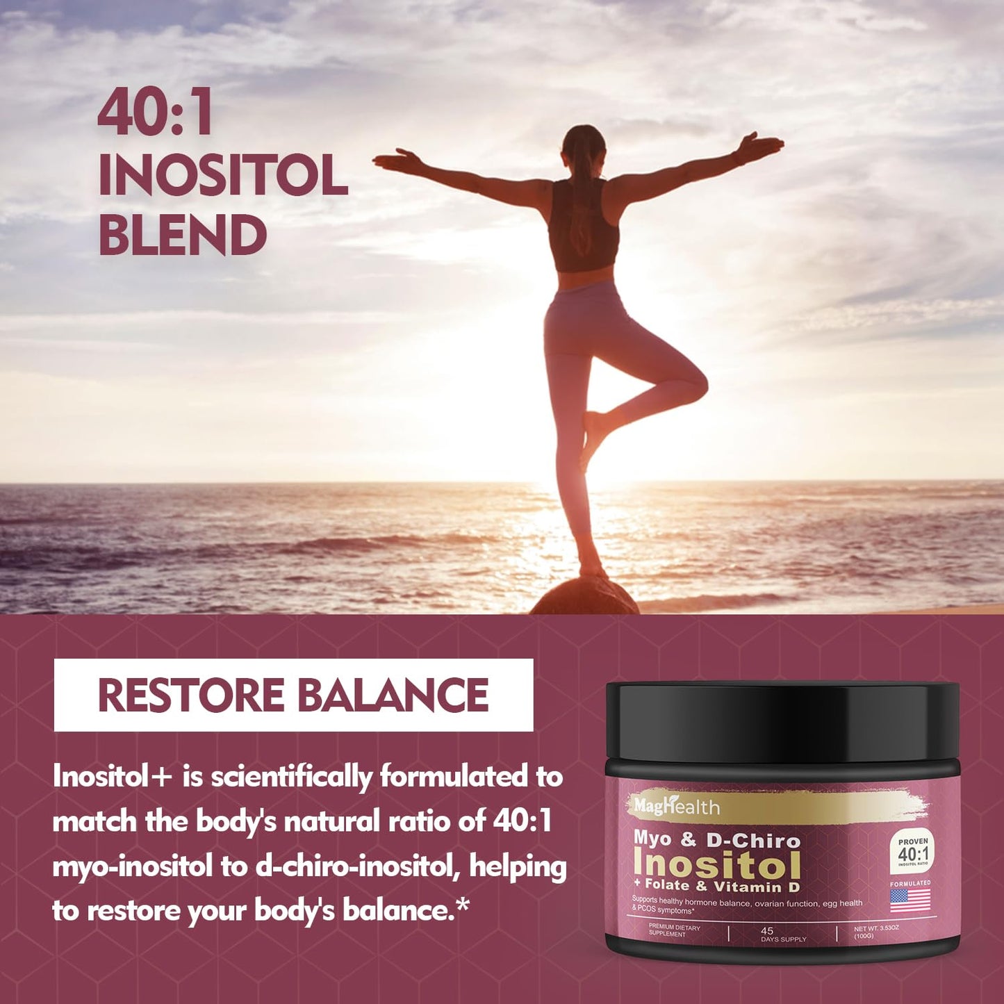 MagHealth Inositol Powder 40:1 – Myo-Inositol & D-Chiro Inositol + Folate, Vitamin D | 45-Day Supply | Menstrual & Fertility Support