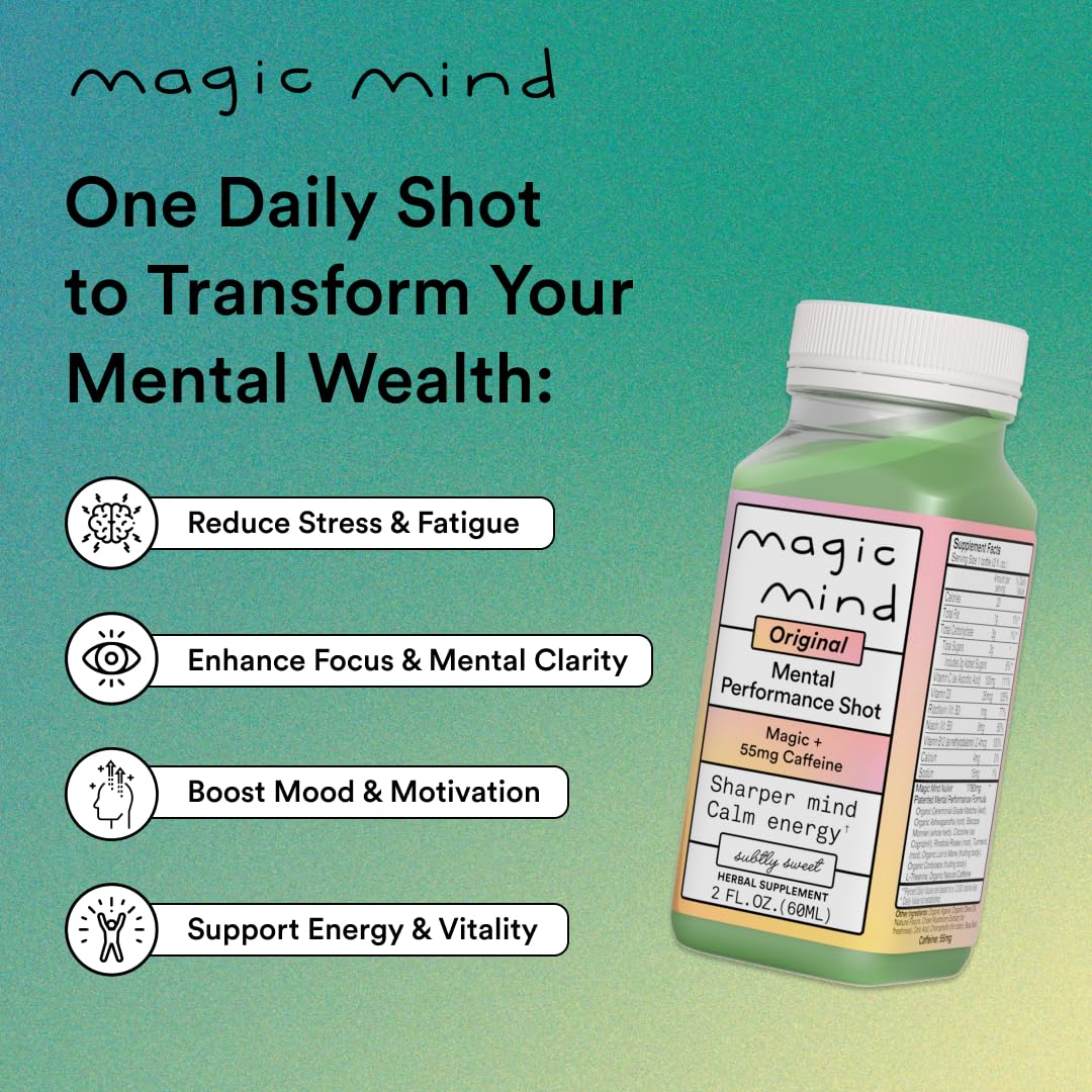 Magic Mind Focus Energy Drink Shots – No Jitters, Stress Relief, Matcha, Ashwagandha, Mushrooms | 2 fl oz (30 Pack)