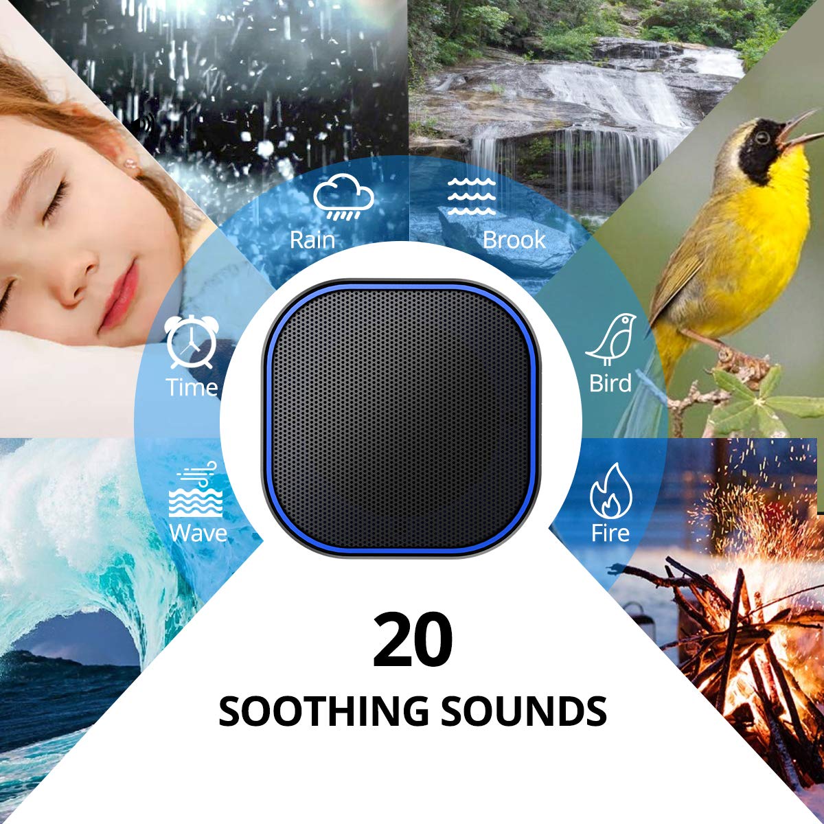 Magicteam White Noise Machine — 20 Non-Looping Sounds, 32 Levels, Memory Function, AC/USB