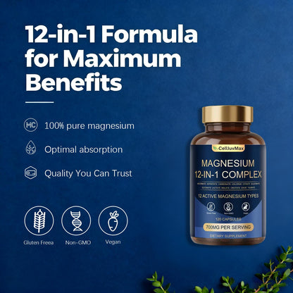 Magnesium 12-in-1 Complex Supplement – 700mg High Absorption (Glycinate, Citrate, Malate) | 120 Vegan Capsules