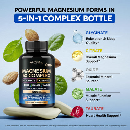 Magnesium 5-in-1 Complex 500 mg – Glycinate, Citrate, Malate, Taurate, Oxide | Made in USA