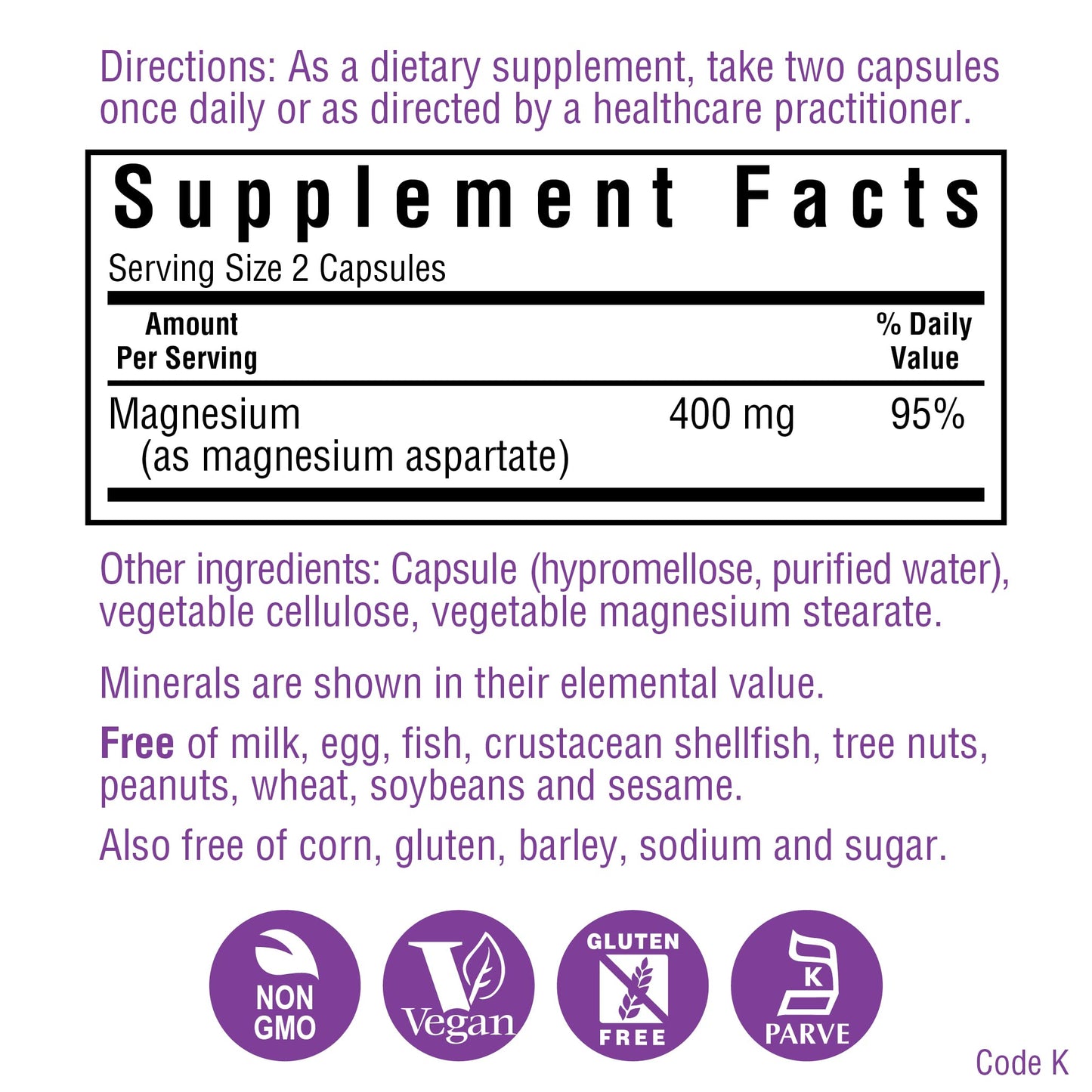Bluebonnet Nutrition Magnesium 400 mg Chelated Magnesium Aspartate Daily Mineral, Heart & Bone Support* Supplement for Men & Women Vegan, Non-GMO - 200 Vegetable Capsules