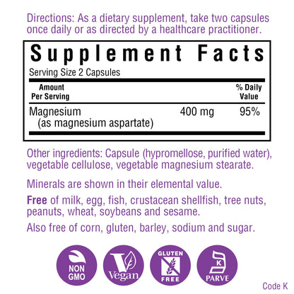 Bluebonnet Nutrition Magnesium 400 mg Chelated Magnesium Aspartate Daily Mineral, Heart & Bone Support* Supplement for Men & Women Vegan, Non-GMO - 200 Vegetable Capsules