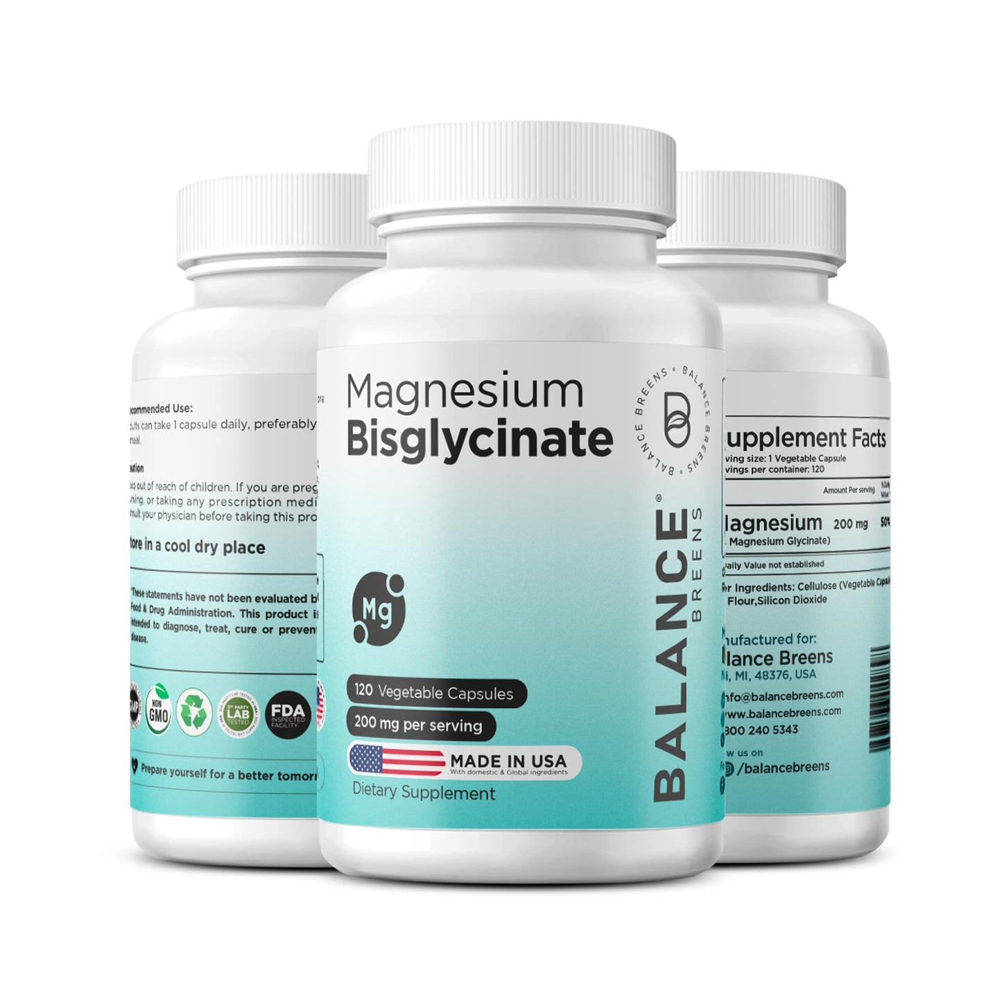 Magnesium Bisglycinate 200mg - High Absorption, Gluten-Free & Non-GMO - 120 Vegan Capsules
