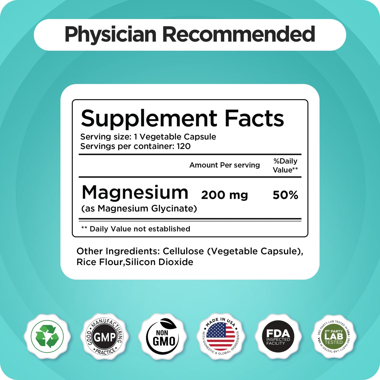 Magnesium Bisglycinate 200mg - High Absorption, Gluten-Free & Non-GMO - 120 Vegan Capsules