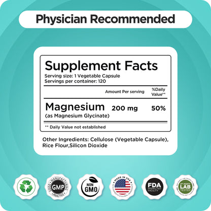 Magnesium Bisglycinate 200mg - High Absorption, Gluten-Free & Non-GMO - 120 Vegan Capsules