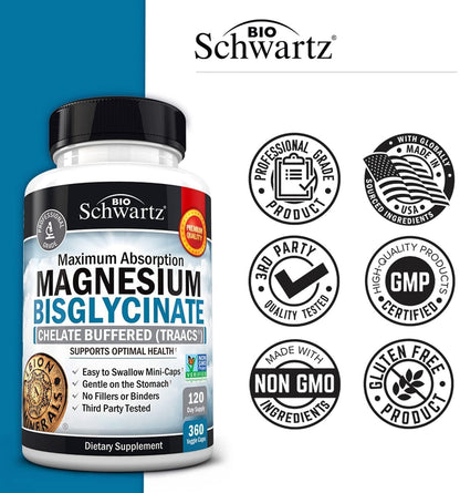 Magnesium Bisglycinate Chelated Supplement – High Absorption, 360 Capsules