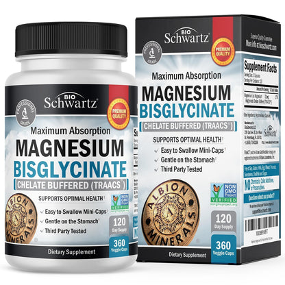 Magnesium Bisglycinate Chelated Supplement – High Absorption, 360 Capsules