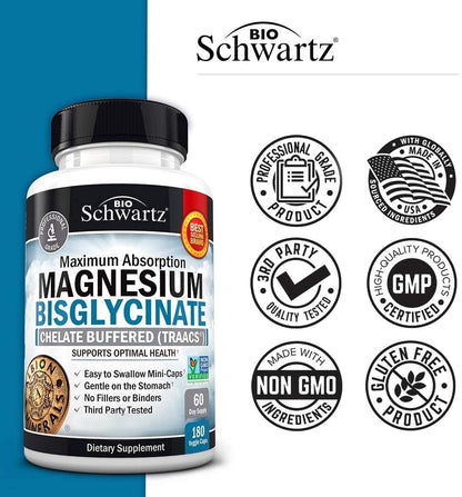 Magnesium Bisglycinate Chelated Supplement – High-Absorption for Muscle, Bone & Joint Support (180 Capsules)