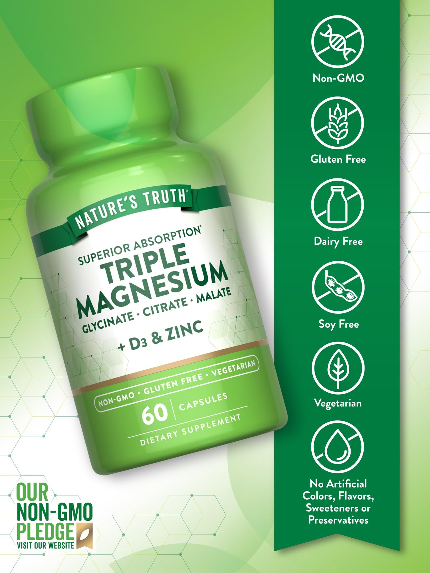 Nature's Truth Triple Magnesium Complex - 60 Capsules | Glycinate, Citrate & Malate + D3 & Zinc
