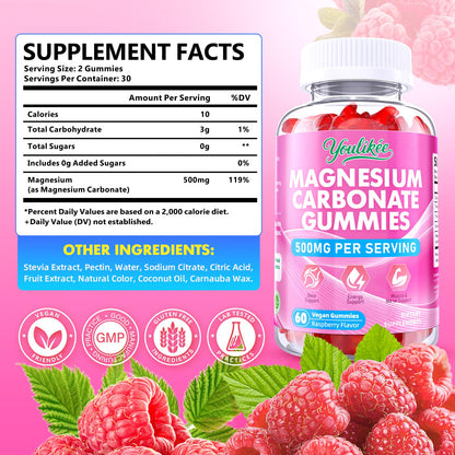 Magnesium Carbonate 500mg Gummies – High Absorption for Adults, Sugar Free, Vegan, Raspberry, 60 Count