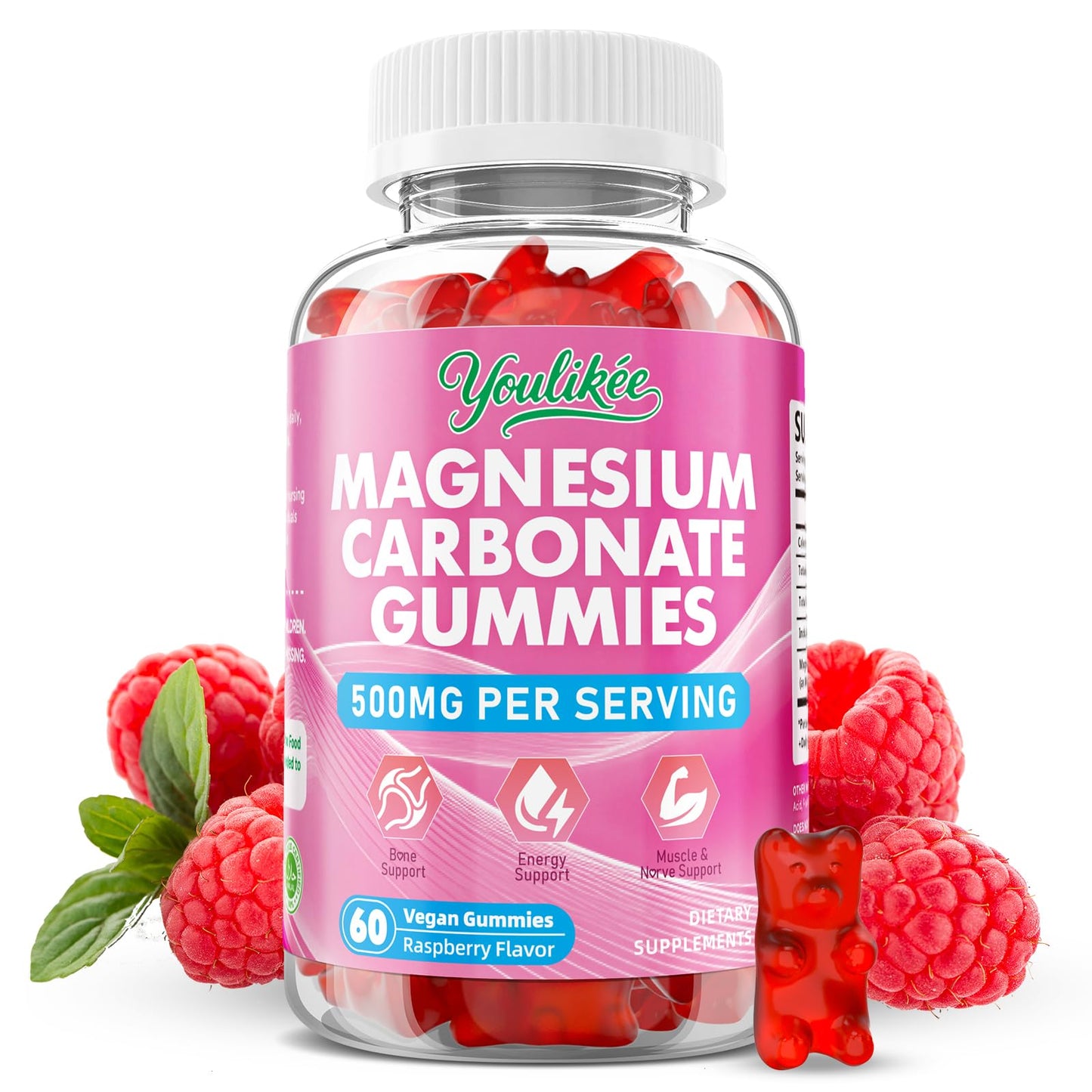 Magnesium Carbonate 500mg Gummies – High Absorption for Adults, Sugar Free, Vegan, Raspberry, 60 Count