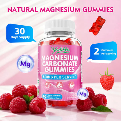 Magnesium Carbonate 500mg Gummies – High Absorption for Adults, Sugar Free, Vegan, Raspberry, 60 Count