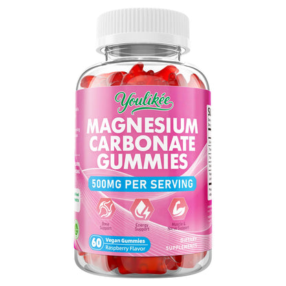 Magnesium Carbonate 500mg Gummies – High Absorption for Adults, Sugar Free, Vegan, Raspberry, 60 Count