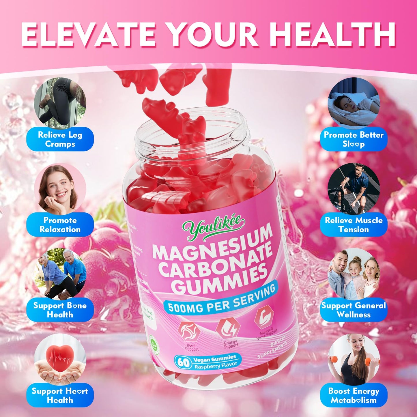 Magnesium Carbonate 500mg Gummies – High Absorption for Adults, Sugar Free, Vegan, Raspberry, 60 Count