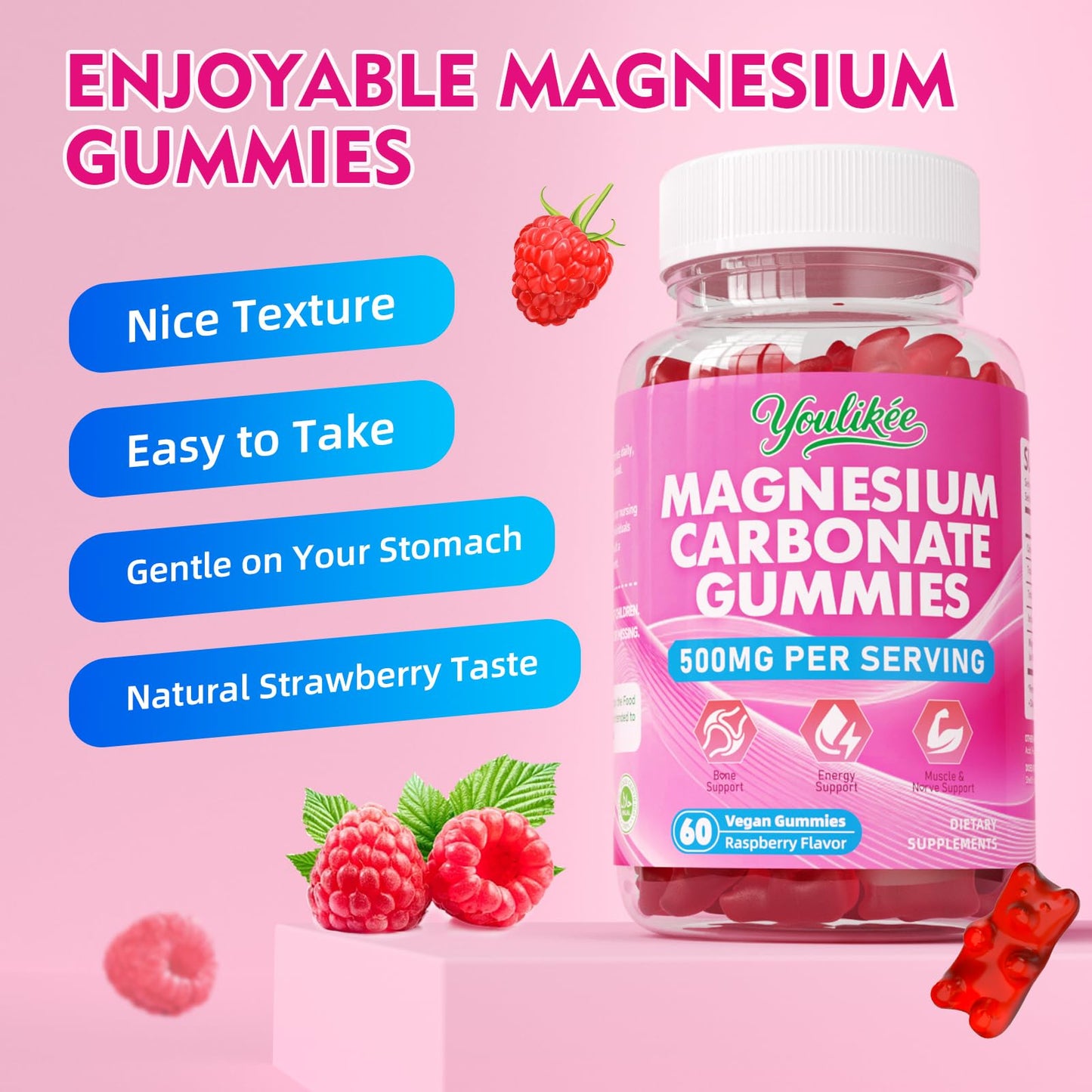 Magnesium Carbonate 500mg Gummies – High Absorption for Adults, Sugar Free, Vegan, Raspberry, 60 Count