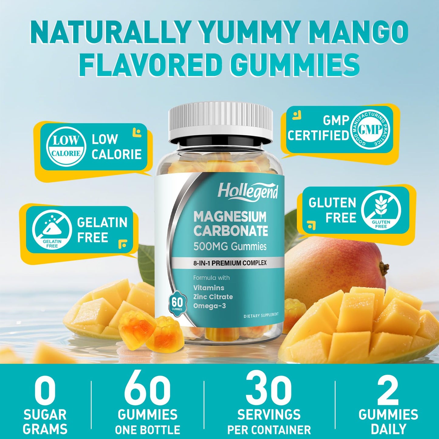 Magnesium Carbonate Gummies 500mg Complex with D3 & K2 – Sugar Free Mango Flavor, 60 Count