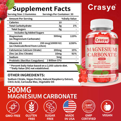 Magnesium Carbonate Gummies 500mg – Sugar Free, Probiotic, Vitamin D3
