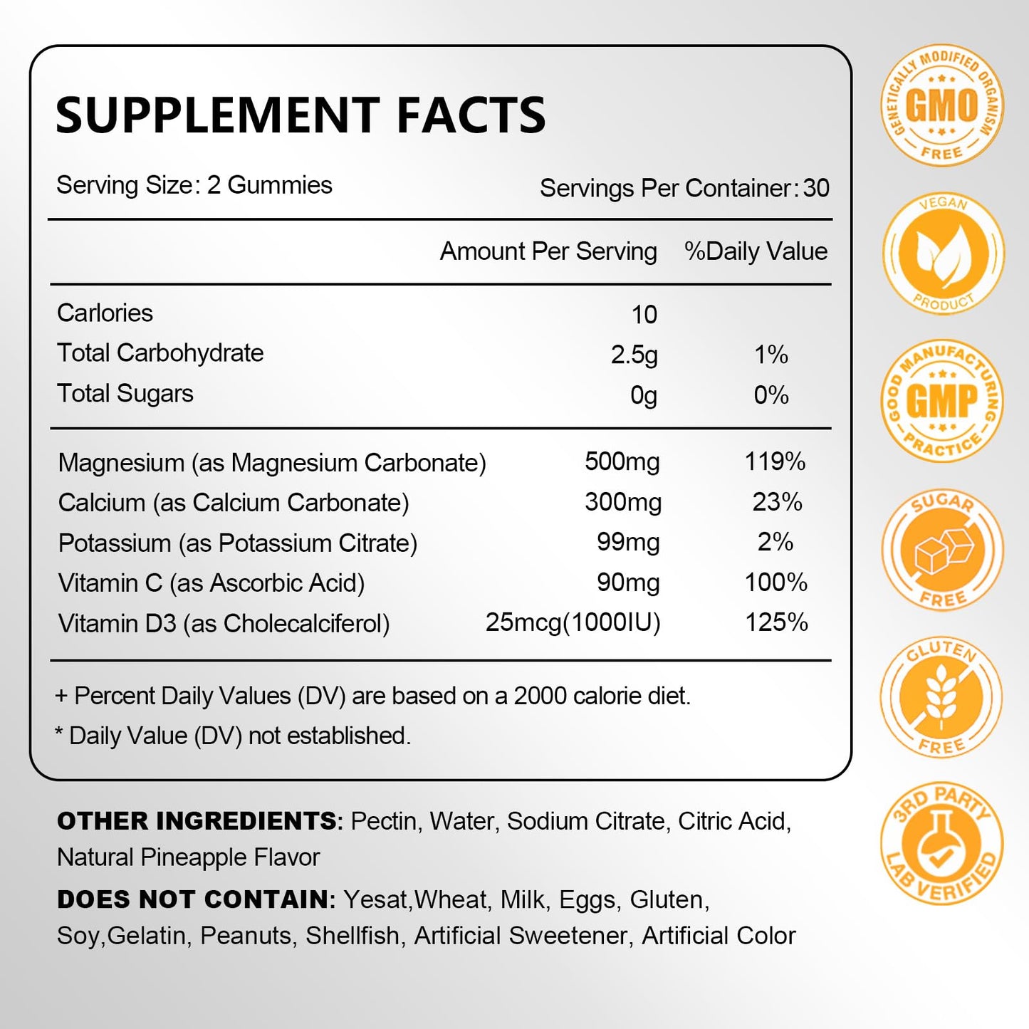 Magnesium Carbonate Gummies 500mg - High Absorption Magnesium Supplement for Digestive & Muscle Support | Sugar Free, Vegan, Pineapple, 60 Count